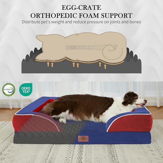 Comfort Expression Orthopedic Dog Bed for Extra Large Dogs with Bolster | Waterproof Dog Couch Bed with Washable Cover & Non-Slip Bottom, Supportive Egg Crate Foam XL Pet Bed, 42x30 Inch