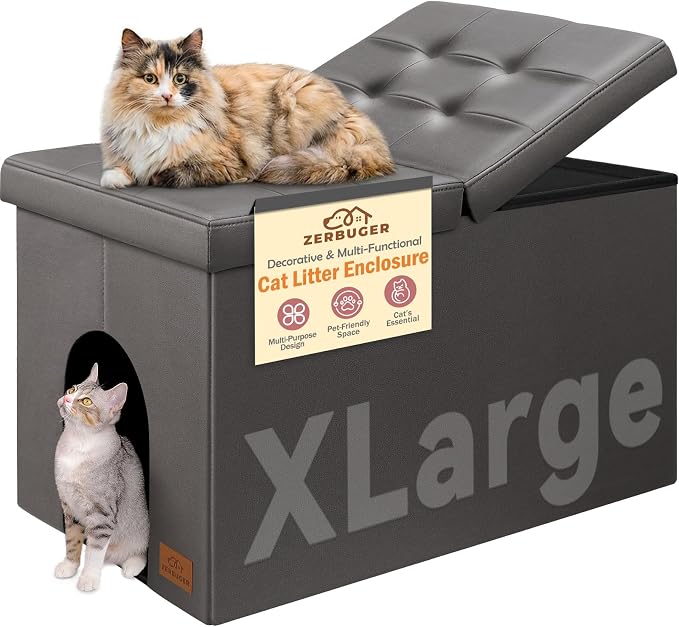Cat Litter Box Enclosure Furniture for Odor Control,Hidden Cabinet Cat | Litter Box Furniture Ottoman With Flip-Up Lid,Cats Litter Box Bench With Storage Space，Dog Proof (Gray-Faux Leather,X-Large)