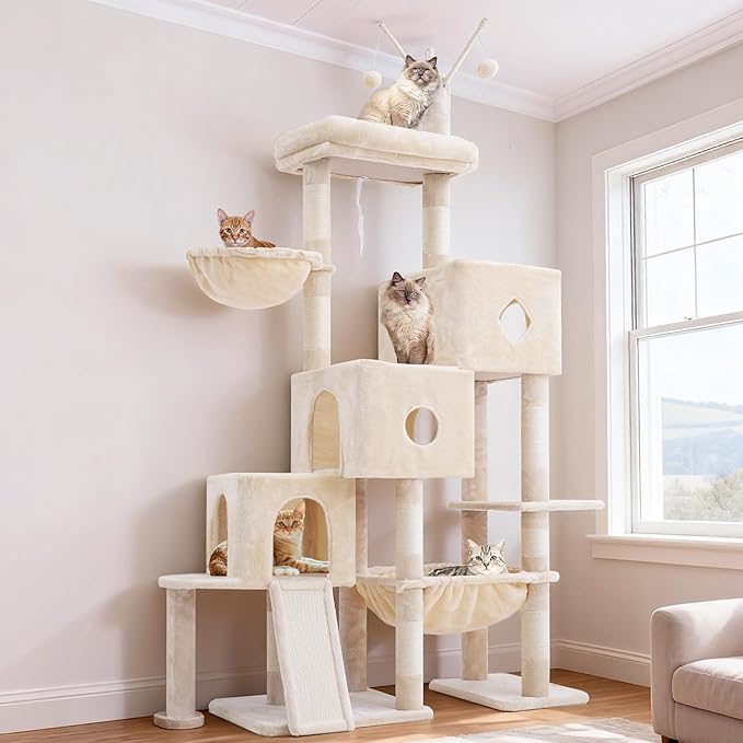 Hey-brother Cat Tree Tower with 3 Condos, Step Climbing Pathway MPJ081M | 74.8 Inches Scratching Post with 3 House, Hammock, Large Basket, Cozy Bed, Sisal Board, Toys for Big Indoor Cats, Beige