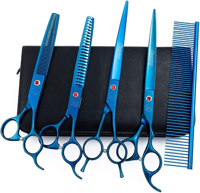 Moontay 8" Professional Dog Grooming Scissors Set of 5 with Pet Comb & Bag | Pet Grooming Chunkers Shears for Dog, Curved Dog Grooming Scissors, Thinning Shears for Dog with Grooming Comb, Blue