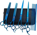 Moontay 8" Professional Dog Grooming Scissors Set of 5 with Pet Comb & Bag | Pet Grooming Chunkers Shears for Dog, Curved Dog Grooming Scissors, Thinning Shears for Dog with Grooming Comb, Blue
