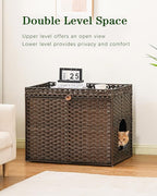 SETVSON Cat Litter Box Enclosure Furniture, Handwoven PE Rattan, Brown | Large Double-Door PE Rattan Kitty House, Fits Large Covered Litter Boxes, 2 Litter Mats, 2 S-Hooks, Metal Frame