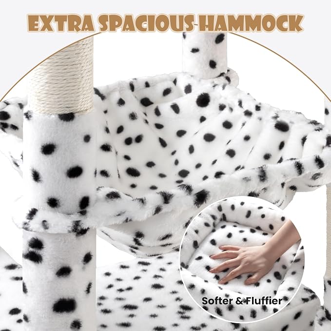 SHA CERLIN 81in Multi-Level Tall Cat Tree Tower for Indoor Kitties/Larger Cat Condo Furniture with Hammock/Cozy Pussycat Perches/Sisal Scratching Posts/Pet House/Wide Base/White & Black Spot