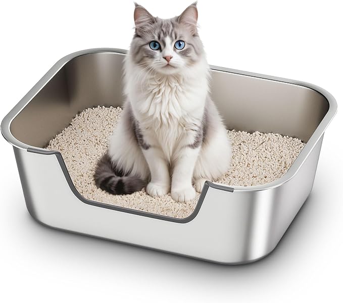Qiuma Stainless Steel Cat Litter Box with Low Entry, Metal Kitty Litter Box for Senior or Injured Cats, Odor-Free, Non-Stick, Easy to Clean, 17.5"x13.6"x5.9", Litter Pan for Medium and Small Cats