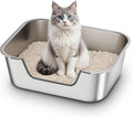 Qiuma Stainless Steel Cat Litter Box with Low Entry, Metal Kitty Litter Box for Senior or Injured Cats, Odor-Free, Non-Stick, Easy to Clean, 17.5"x13.6"x5.9", Litter Pan for Medium and Small Cats
