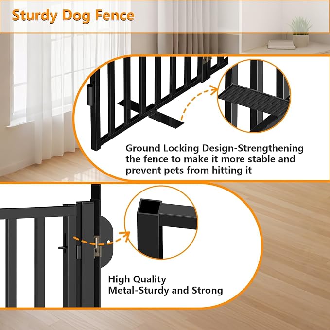 Dog Gate Free Standing with Door for Stairs, 36" Tall Dog Fence Freestanding Indoor Outdoor Use for Doorways, Metal Black 4 Panels, 36 inches High, 20 * 4 Inches w Wide