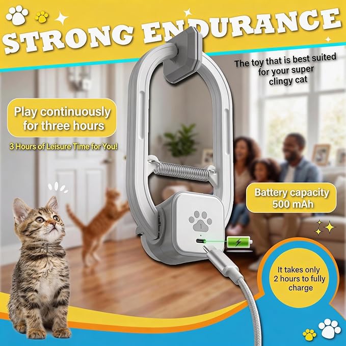 Interactive cat toy, Electric cat teaser, Door clip, 2 Motion modes,Gray | 360° Rotation • Random Jumping • Type-C Rechargeable • Door Clip Design • For Indoor Cats