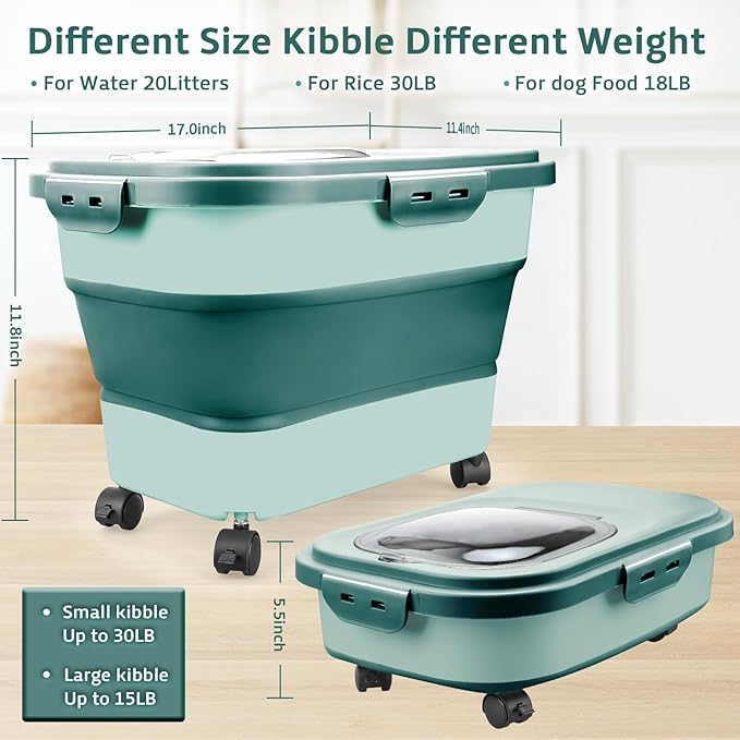 Rice Storage Containers, Collapsible 20 to 30Lbs Food Storage Bin Dispenser with Rolling Wheel and Clear Airtight Lid, BPA Free Flour, Sugar, Cereal and Dog Cat Pet food Containers