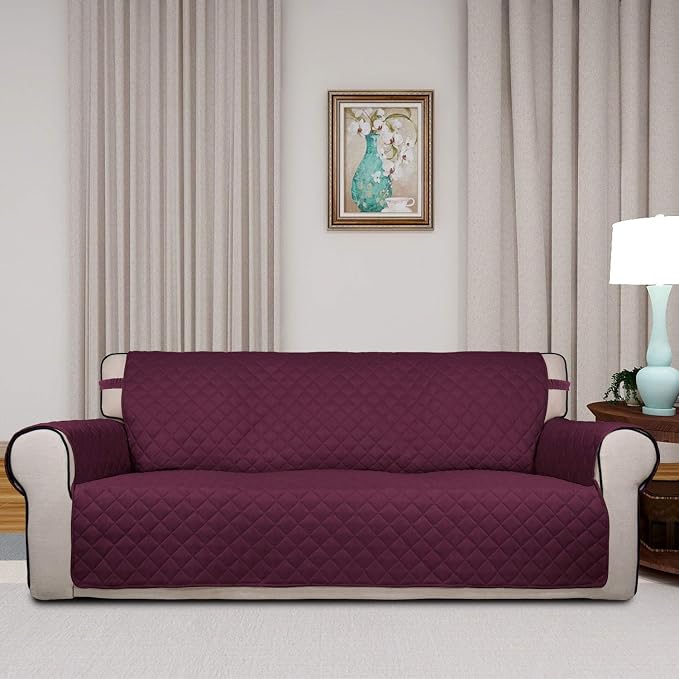 PureFit Reversible Quilted Sofa Cover Dog Couch Covers for Sofa, 66 in | Wine/Beige, Water Resistant Couch Protector, Washable Pet Couch Cover with Non Slip and Elastic Straps For Kids