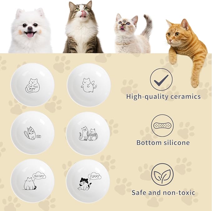Non-Slip Cat Food Bowls, 6 Pack Whisker-Friendly Ceramic Bowls | 5.6-Inch Wide Shallow Bowl, Silicone Base, Food-Safe Ceramic, Dishwasher & Microwave Safe, Easy Clean