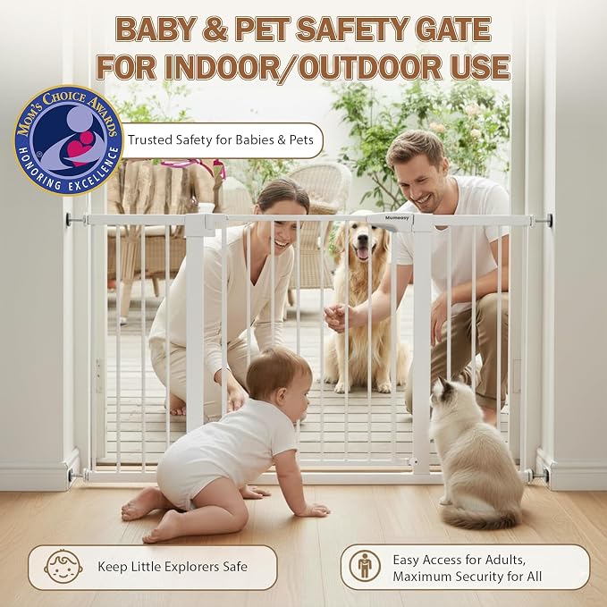 Mumeasy 29.7-51" Extra Wide Baby & Dog Safety Gate for Stairs & Doorways | Pressure/Hardware Mount Child & Pet Gate, Auto Close Easy Access Walk Thru Door for House, Hallway, Indoor & Outdoor, White