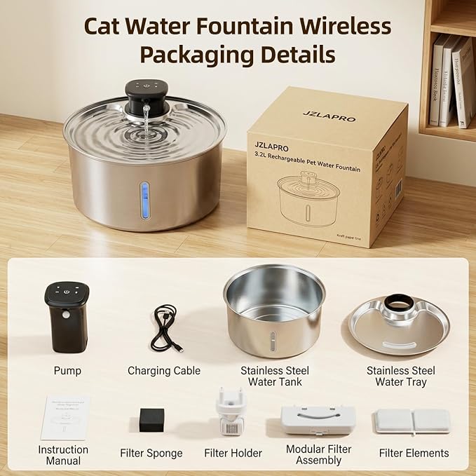 Jzlapro Wireless Cat Water Fountain,108oz Stainless Steel,Battery Operated | 3 Pack Filters | Cordless & Rechargeable | Motion Sensor | BPA-Free | DishwasherSafe | 20dB Ultra-Quiet | 3.2L capacity