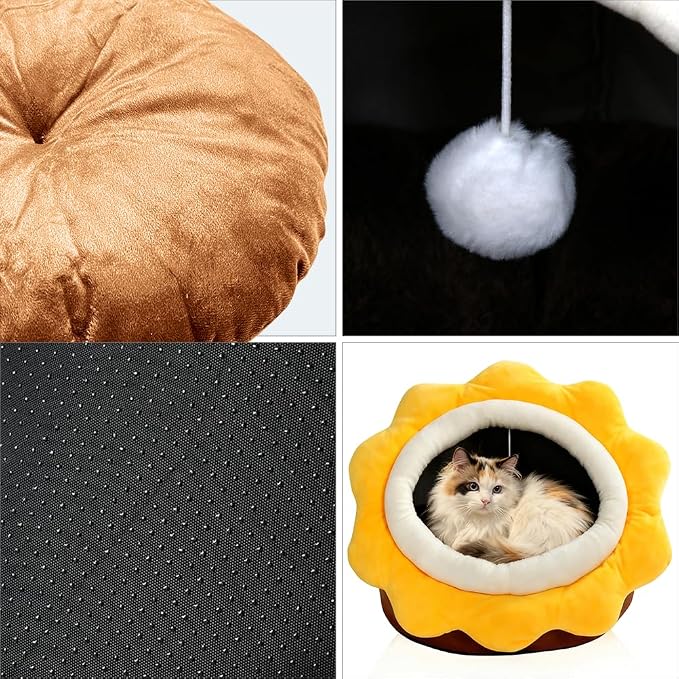 Cat Beds for Indoor Cats - Sun Flower Shaped Cute Cat Cave Bed,Brown L | Super Soft Plush Calming cat Tent house for Kitten&Puppy with Toy,Machine Washable&Thick and Removable Sushion,cat Hideaway