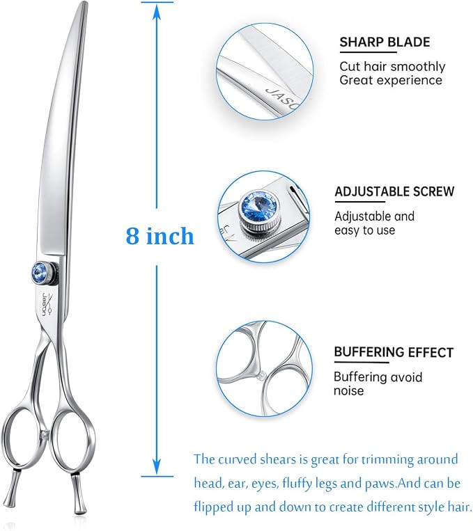JASON Curved Dog Grooming Scissors - 8" Cats Trimming Shears Right Handed | Ergonomic Pets Shear with Offset Handle and a Jewelled Screw for Right Handed Groomers Long Sharp Comfortable, Gift