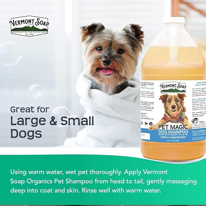 VERMONT SOAP Organic Pet Shampoo, Unscented Natural Dog Shampoo, 64 oz | Unscented organic olive oil, coconut & aloe vera, sensitive skin care, USDA Certified grooming, fragrance free, dog shampoo