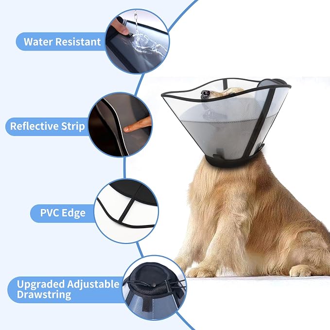 WinWeal Upgraded Soft Dog Cone Collar for Large Medium Dogs After Surgery – Adjustable Transparent Recovery Collar, Breathable Elizabethan E-Collar for Wound Healing & Anti-Licking (L, Black)