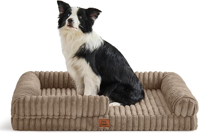 ChiXnuggle Faux Fur Orthopedic Dog Bolster Bed, Waterproof Washable Cover | rectangular dog sofa couch,egg crate foam,non-slip bottom,for extra large dogs,taupe,41*30*7