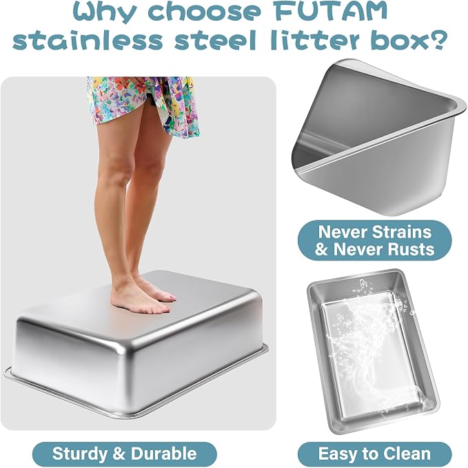 Stainless Steel Litter Box, Large Metal Litter Box 2 Pack | 19.7"x13.7"x6" Cat Litter Box Easy to Clean, Non Stick Litterbox No Smell for Adult Cats
