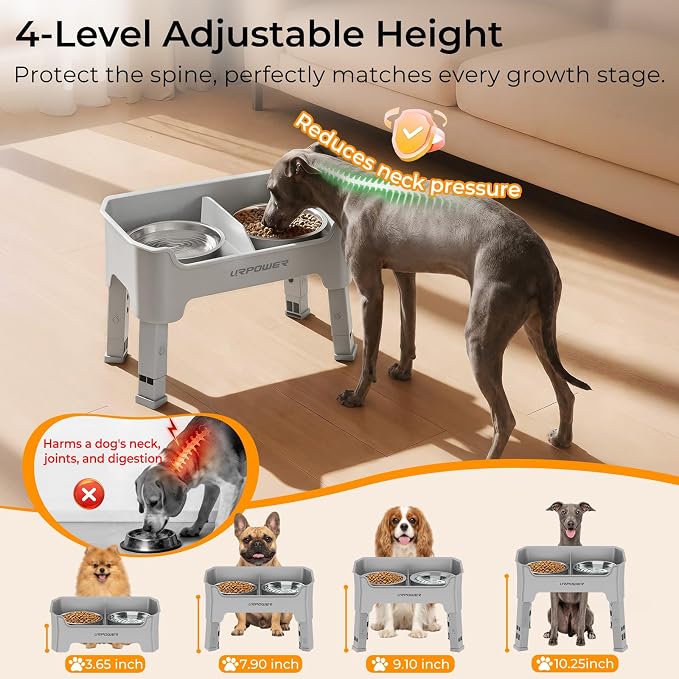 URPOWER Mess Proof Elevated Dog Bowls for Small Dogs with Splash Guard | 4 Height Adjustable Raised Stand with 2 Stainless Steel Food Bowls & Licking Plate for Small, Medium & Large Dogs