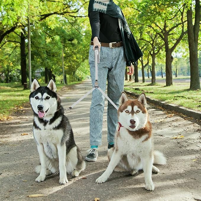 KOOLTAIL Dual Retractable Dog Leash for Two Dogs Up to 110 Lbs, Heavy Duty Double Headed 16 ft Extendable 360° Tangle-Free One Button & Lock Brake Dog Leash for Small Medium Large Dogs Grey