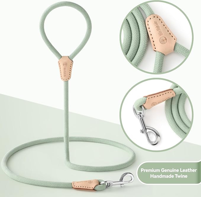 Mile High Life Green Dog Leash with Genuine Leather Connection, 4/5/6 FT | Rope Leash, Heavy Duty 360° Swivel Metal Clasp, for Small Medium & Large Dogs (Cream Green, 48 Inch)