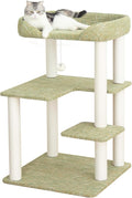 Cat Tree for Large Cat, Modern Senior Friendly Cat Tower with Wide Shelves Low Step, Cotton Scratching Posts, Super Sturdy Base, Cozy Perches, Interactive Toys (Linen Fabric Green 37.4-Inch)