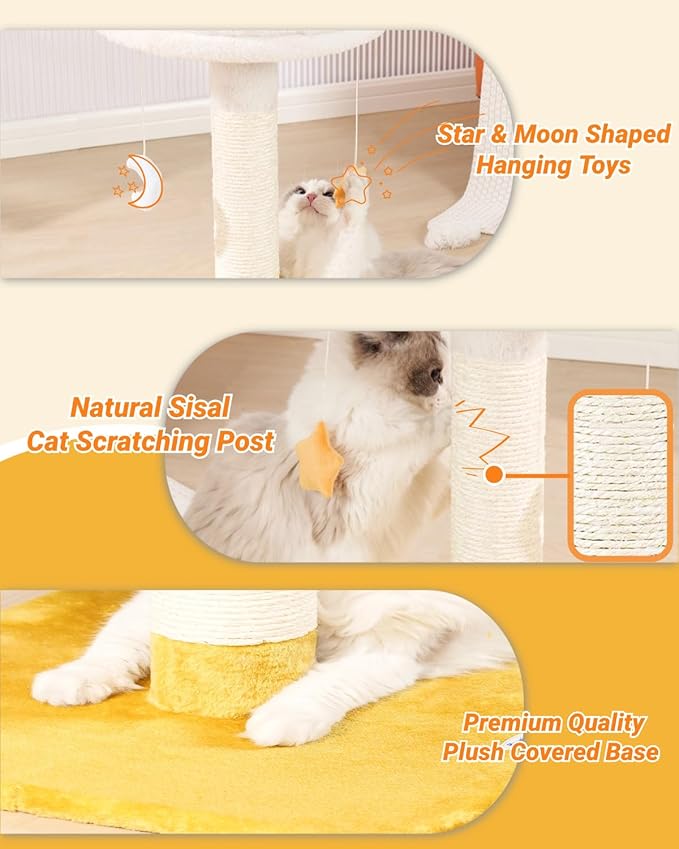 Happi N Pets Tall Cat Scratching Post with Large Bed, Thick Posts with Toys | 28" Tall For Large Cats, Easy To Clean, Cloud-Shaped Soft Perch, Removeable Cover, Stable Cat Stand, Bonus Catnip