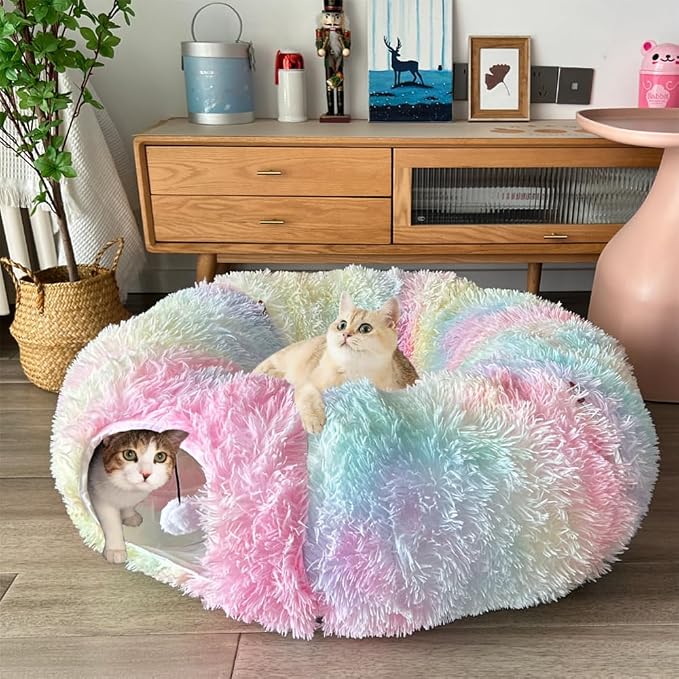 Cat Bed Tunnel Tube Toy Rainbow Plush | Collapsible Round Tunnels for Indoor Cats, Interactive Toys Play Tubes with Hanging Ball for Kitten, Puppy, Rabbit