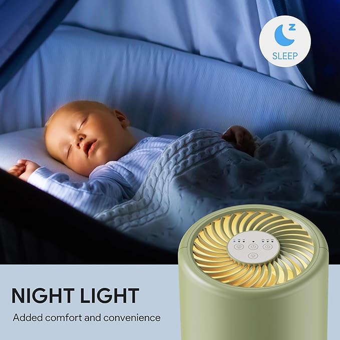 FULMINARE Air Purifiers for Home Bedroom H13 HEPA Air Filter | 360° Intake for Pet Hair, Smoke, Odors , 3 Speeds, Timer, 24dB, Small Mini Air Purifier with Night Light, Sage Green