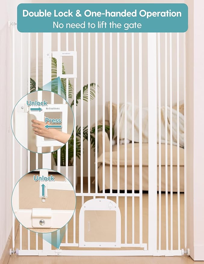 No Pawblems 55" Extra Tall Pet Gate with Cat Door, 29"-43" Dog Gate Indoor | NO Drilling Pressure Mounted for Doorways/Hallways, 1.37" Bar Spacing Keeps Pets Separated, One-handed Operation, White