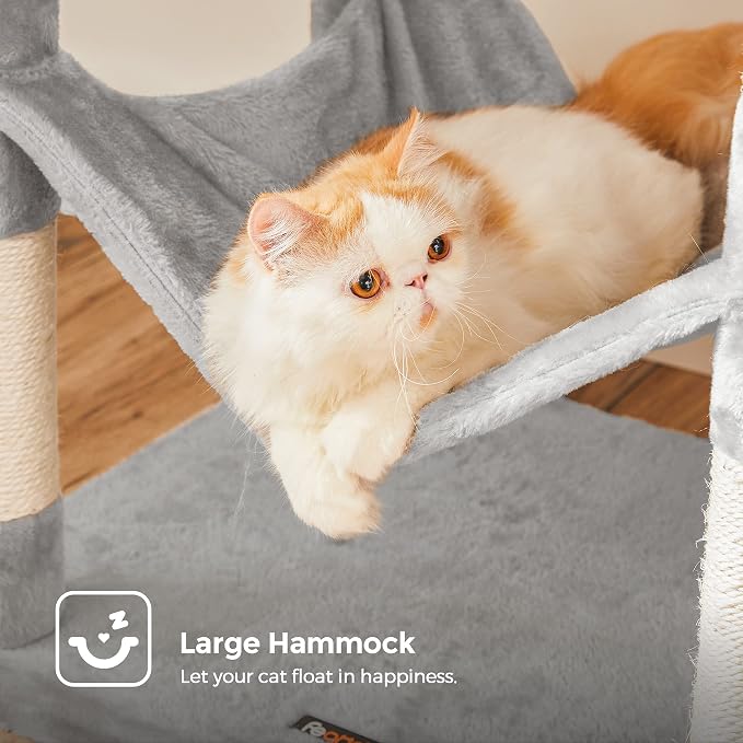 Feandrea Cat Tree, 73.2-Inch Tall Cat Tower, Plush Multi-Level Condo with 5 Scratching Posts, 2 Perches, 2 Caves, Hammock, 2 Pompoms, Light Gray UPCT191W01