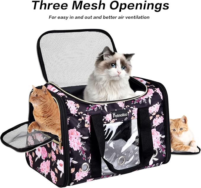 Petmolico Cat Carrier Soft-Sided Airline Approved, Large, Pink Peony | For small/medium cats & puppies up to 16 lbs, 3 open doors, travel-friendly pet bag