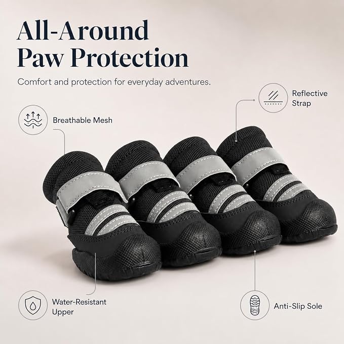 Dog Boots, Waterproof Dog Shoes with Reflective Straps, Rugged Anti-Slip Sole Paw Protectors for Medium Large Dogs, Breathable Pet Booties for Hot Pavement, Snow, Hiking, 4Pcs