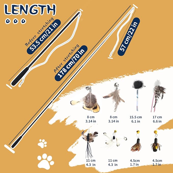 LELE LIFE 70'' Ultra Long Cat Wand Toy for Full Fun, Interactive Cat Toys for Indoor Cats Kitten, 2Pcs Retractable Flexible Poles and 8Pcs Cat Feather Toys Bell Teaser Refills, 2Pcs String Refills