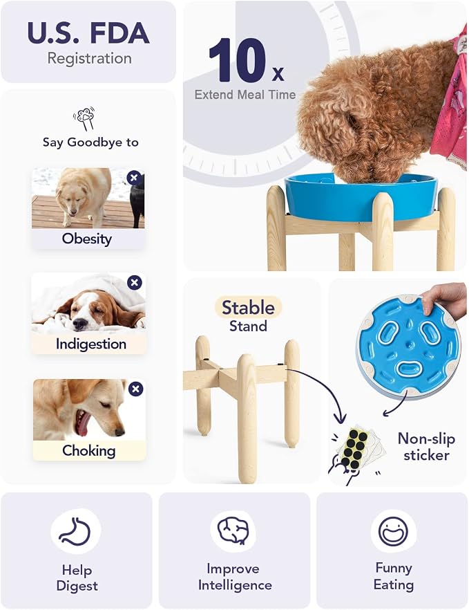 LE TAUCI Ceramic Slow Feeder Dog Bowls Elevated, 3 Cup Raised Bowl with Wooden Stand for Medium Large Breed, Slow Down Eating, Puzzle Dog Food Bowl,Vortex Blue