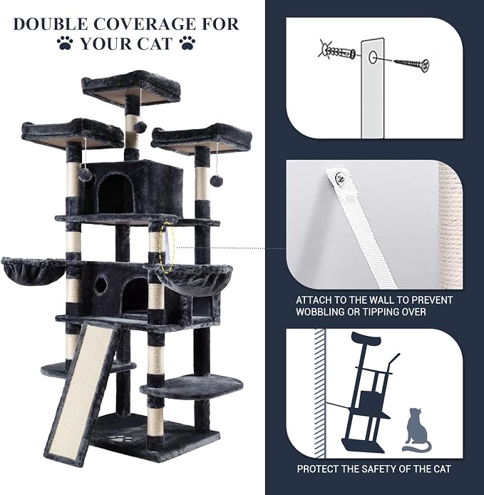 Allewie 68 Inches Cat Tree/House and Towers for Big Feline/Scratching Post/Multi-Level Large Kitty Climbing Tree with Condo/Smokey Grey