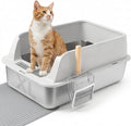 Stainless Steel Litter Box, XL High Sided Enclosed Cat Litter Boxes with Lid for Big Cats, Anti-Urine Leakage Includes Litter Mat & Metal Scoop