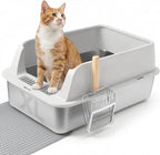 Stainless Steel Litter Box, XL High Sided Enclosed Cat Litter Boxes with Lid for Big Cats, Anti-Urine Leakage Includes Litter Mat & Metal Scoop