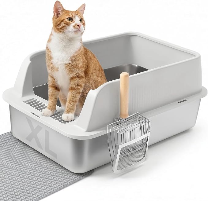 Stainless Steel Litter Box, XL High Sided Enclosed Cat Litter Boxes with Lid for Big Cats, Anti-Urine Leakage Includes Litter Mat & Metal Scoop
