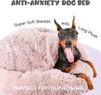 Himax 35in Covered Large Dog Bed with Blanket Attached Calming Burrow Beige | Anti-Anxiety Donut dog bed with cover, Washable Round Fluffy Pet& Cat Beds for Indoor