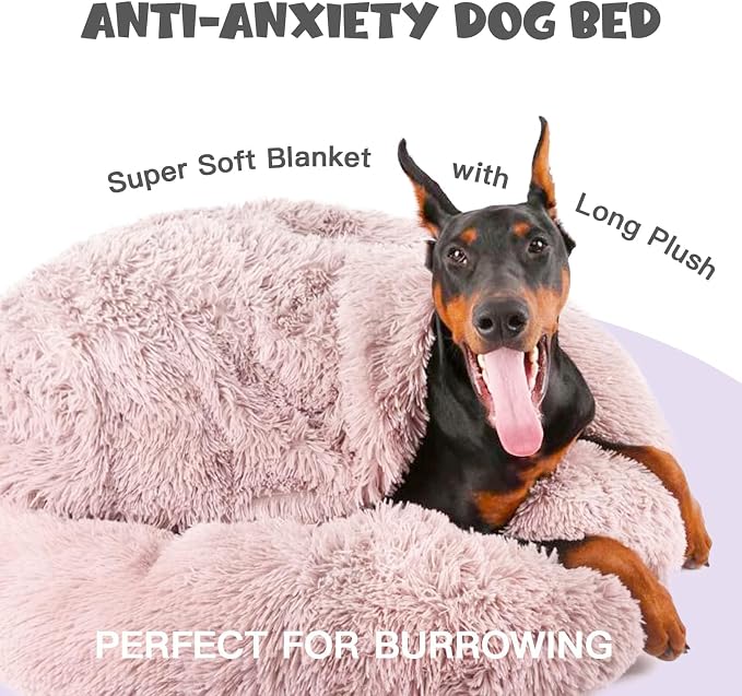 Himax 35in Covered Large Dog Bed with Blanket Attached Calming Burrow Beige | Anti-Anxiety Donut dog bed with cover, Washable Round Fluffy Pet& Cat Beds for Indoor