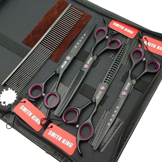 7.0 inches Professional Dog Grooming Scissors Set Straight & thinning & Curved & chunkers 4pcs in 1 Set (with Comb)