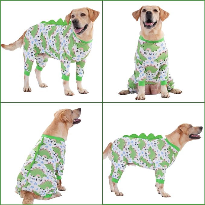 LovinPet Large Dog Pajamas, Four-Leg Stretch Onesie Bodysuit, Lightweight UV-Shielding Pajamas, Anti-Lick Calming Recovery Suit for Surgery, Pull-On for Medium and Large Breeds,White Green,L