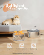 Cat Water Fountain Stainless Steel: 108oz/3.2L Cat Fountain for Drinking | Automatic Pet Supplies for Home Cat Inside, Metal Small Dog Water Dispenser Kitty Spout, Water Level Window, Ultra Quiet Pump