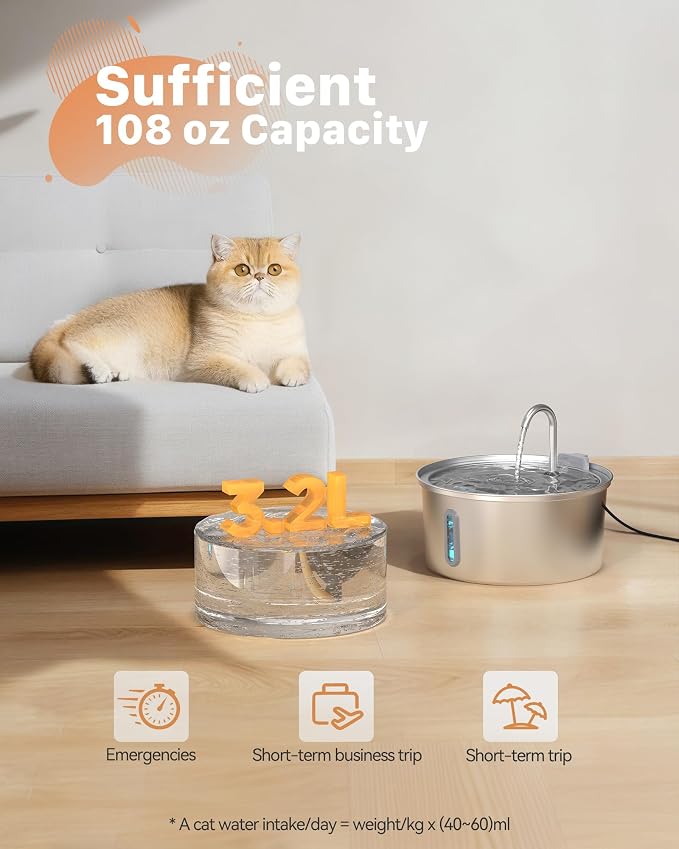 Cat Water Fountain Stainless Steel: 108oz/3.2L Cat Fountain for Drinking | Automatic Pet Supplies for Home Cat Inside, Metal Small Dog Water Dispenser Kitty Spout, Water Level Window, Ultra Quiet Pump