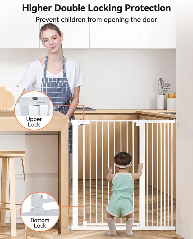 COMOMY 42" Extra Tall Baby Gate for Stairs Doorways, Fits Openings 29.5" to 43.3" Wide, Auto Close Sturdy Safety Dog Gate for House, Pressure Mounted Easy Walk Through Pet Gate with Door, White | Auto Close Sturdy Safety Dog Gate for House, Pressure Mo...