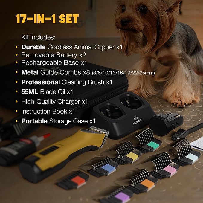 Professional Dog Clippers for Grooming with Charging Replacement, Low Noise Pet Grooming Kit for Thick Curly Matted Heavy Coats Cordless Hair Trimmer with 8 Metal Guide Combs for Animal Horse
