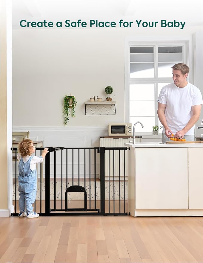 Babelio Extra Wide Baby Gate with Cat Door, CatPrivilege III, 29-55" | 30" Tall Pressure/Hardware Mounted Safety Gate for Large Openings, Auto-Close, Black