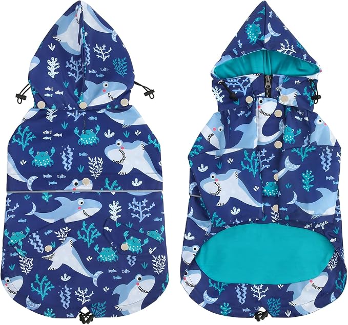 HDE Dog Raincoat Poncho Double Layer Zip Rain Jacket with Removable Hood, Leash Hole for Small to 3XL Dogs and Puppies Sharks - 3XL