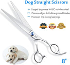 JASON Dog Grooming Scissors Shears - 8" Straight Long Pets Trimming Kit | Premium Cats Shear with Offset Handle and a Jewelled Screw, Sharp Comfortable, Gift